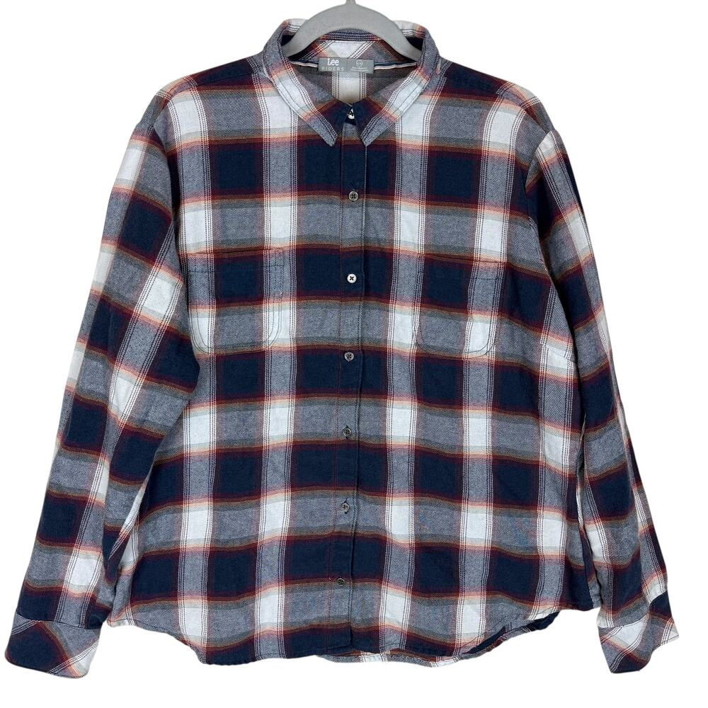 Lee Riders Shirt Women's XL Blue Gray Plaid Round Hem‎ Long Sleeve Button-Up